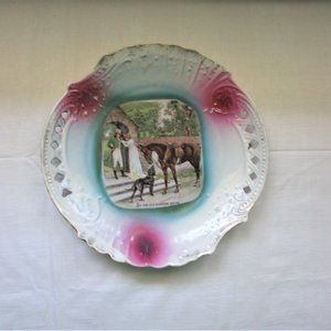 Antique Victorian Porcelain Plate Girl Meeting Man & Horse "By the Garden Gate"